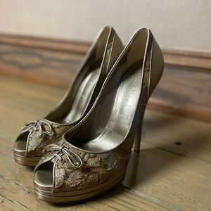 Casadei women’s size 9 open toe high heel with decorative laces. Made in Italy